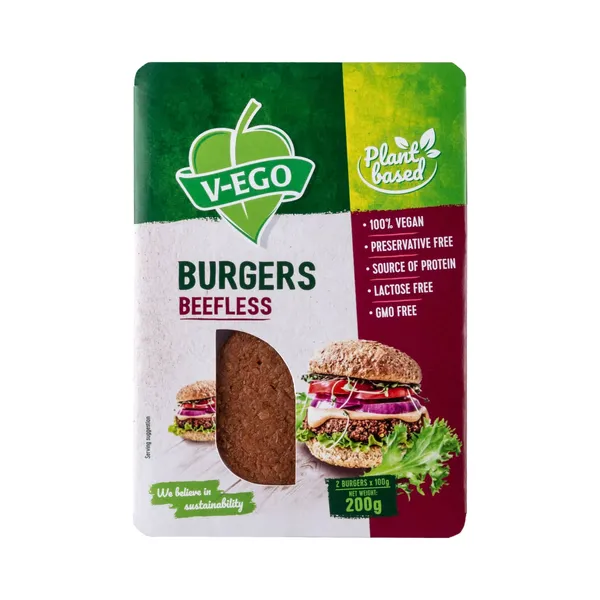 Vegānu burgeri V-Ego ar liellopa garšu, saldēti 200g
