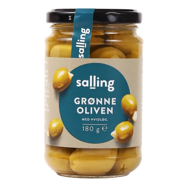 Zaļās olīvas Salling ar ķiplokiem, sālījumā 290g/180g
