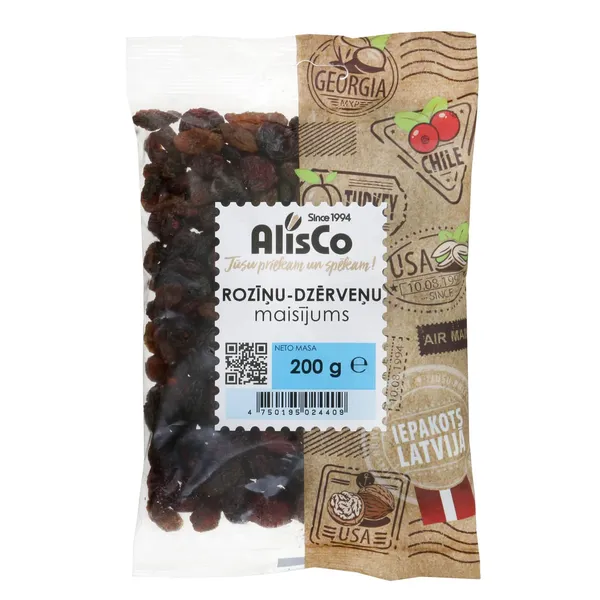 Žāvētu dzērveņu - rozīņu maisījums Alis Co 200g