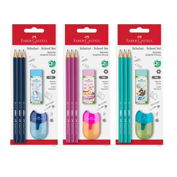 Zīmuļu komplekts Faber-Castell 1111 HB ar dzēšgumiju un asināmo asorti