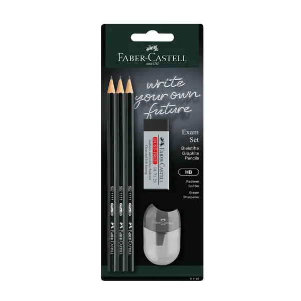 Zīmuļu komplekts Faber-Castell 1111 HB ar dzēšgumiju un asināmo melns