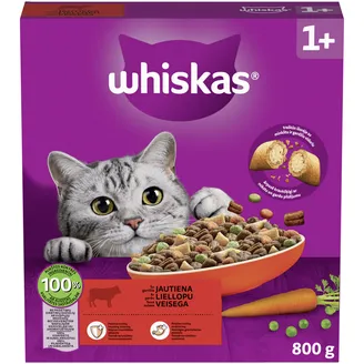 BARĪBA KAĶIEM SAUSĀ WHISKAS AR LIELLOPA GAĻU 800G