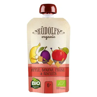 Biezenis RŪDOLFS BIO Ābolu, banānu, žāvētu plūmju ar cepumiem, no 6 mēn., tūbiņā, 110g