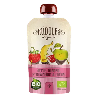 Biezenis RŪDOLFS BIO Ābolu, banānu, zemeņu ar saldo krējumu, no 6 mēn., tūbiņā, 110g