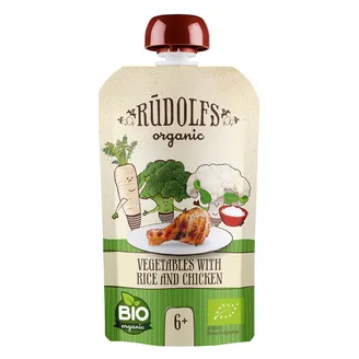 Biezenis RŪDOLFS BIO Dārzeņi ar rīsiem un vistas gaļu tūbiņā, no 6 mēn., 110g