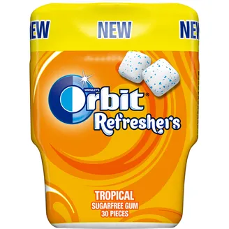 KOŠĻĀJAMĀ GUMIJA ORBIT REFRESHERS TROPICAL BOTTLE 30GAB