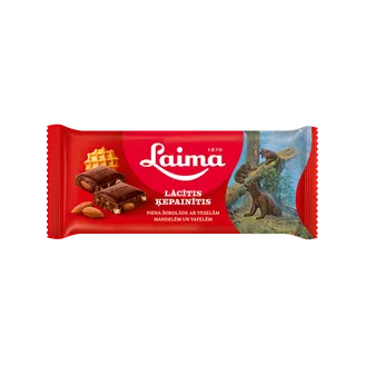 Piena šokolāde LAIMA Lācītis Ķepainītis, ar veselām mandelēm un vafelēm, 90g