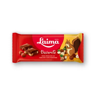 Piena šokolāde LAIMA Vāverīte, ar veseliem lazdu riekstiem, 90g