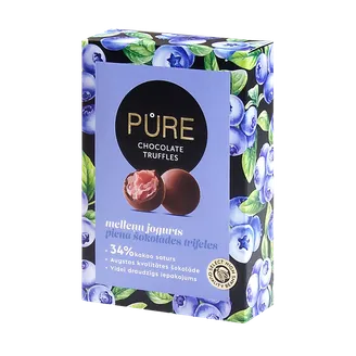 Piena šokolādes trifeles PURE CHOCOLATE ar melleņu jogurta krēma pildījumu 148g