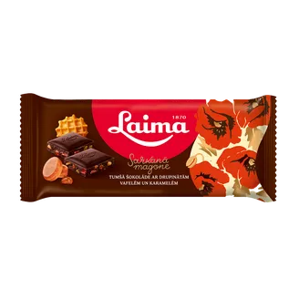 Tumšā šokolāde LAIMA Sarkanā Magone, ar drupinātām vafelēm un karamelēm, 90g