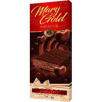 VAFEĻU TORTE MARY GOLD GLAZĒTA AR ŠOKOLĀDES PILDĪJUMU 220G