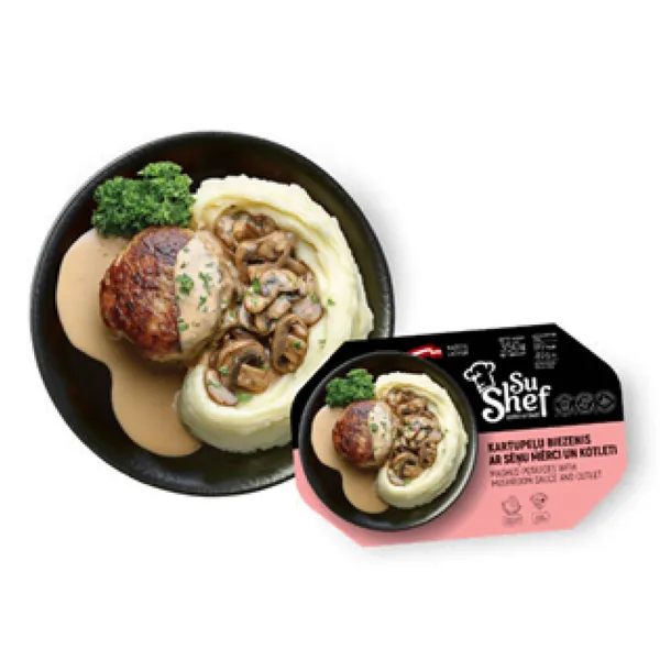 Kartupeļu biezenis ar sēņu mērci un kotleti 350g