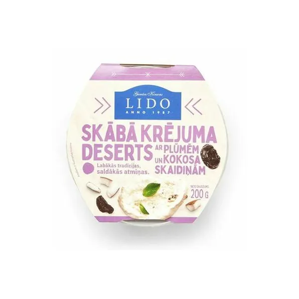 Skābā krējuma deserts ar plūmēm un kokosa skaidiņām 200g, Lido